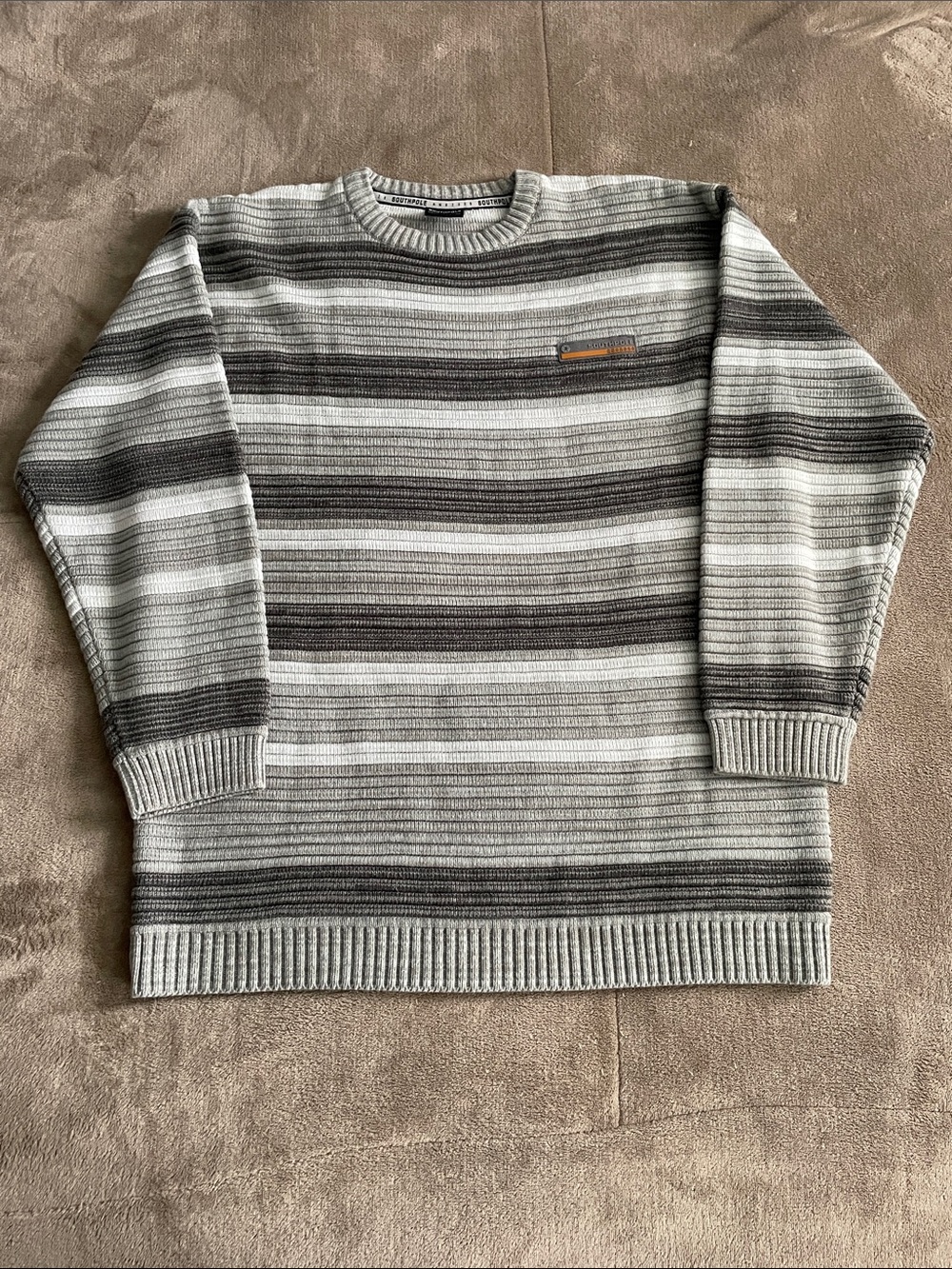 South Pole Men's Striped Crewneck Sweater in Gray and White